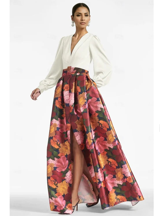 Luolandi A-Line Evening Gown High Split Formal Wedding Guest Floor Length Long Sleeve V Neck Belt / Sash Satin with Floral Print Elegant